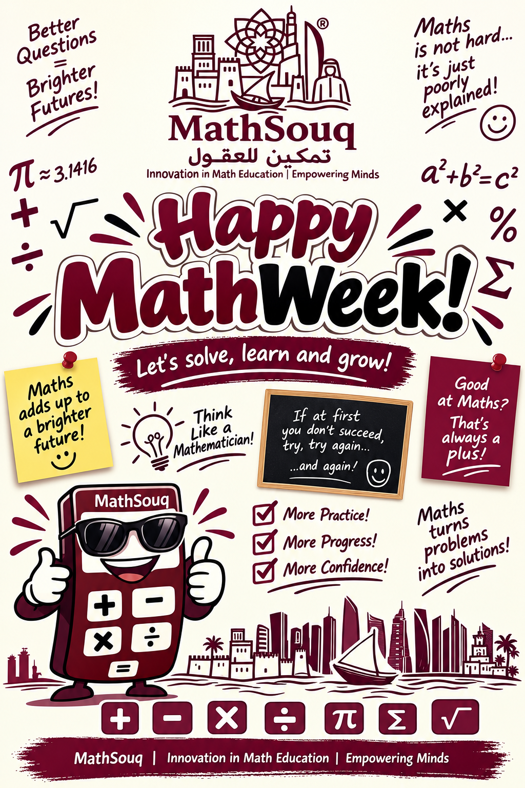 MathSouq Happy MathWeek poster celebrating solving, learning and growing together